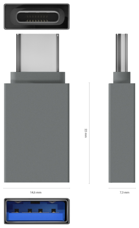 AISENS Mini Adaptador Aluminio USB 3.2 Gen1 3A, Tipo USB-C/M-A/H, Gris