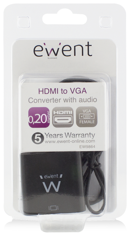 Ewent EW9864 adaptador de cable de vídeo 0,2 m HDMI VGA, 3.5mm Negro