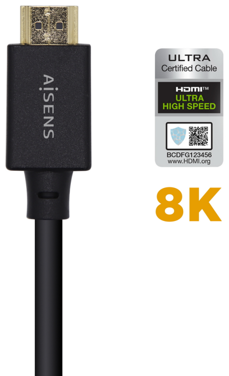 AISENS Cable HDMI V2.1 Ultra Alta Velocidad / HEC Certificado 8k@60Hz 48Gbps, A/M-A/M, Negro, 2.0m