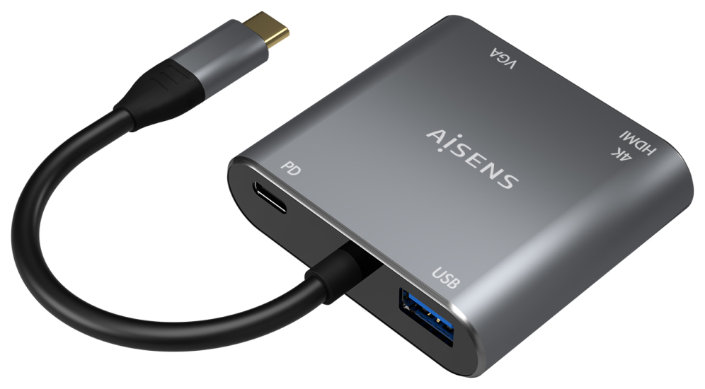 AISENS Conversor USB-C a VGA/HDMI 4K/USB3.0/USB-C PD, USB-C/M-VGA/H-HDMI/H-USB-A/H-USB-C/H, Gris, 15CM