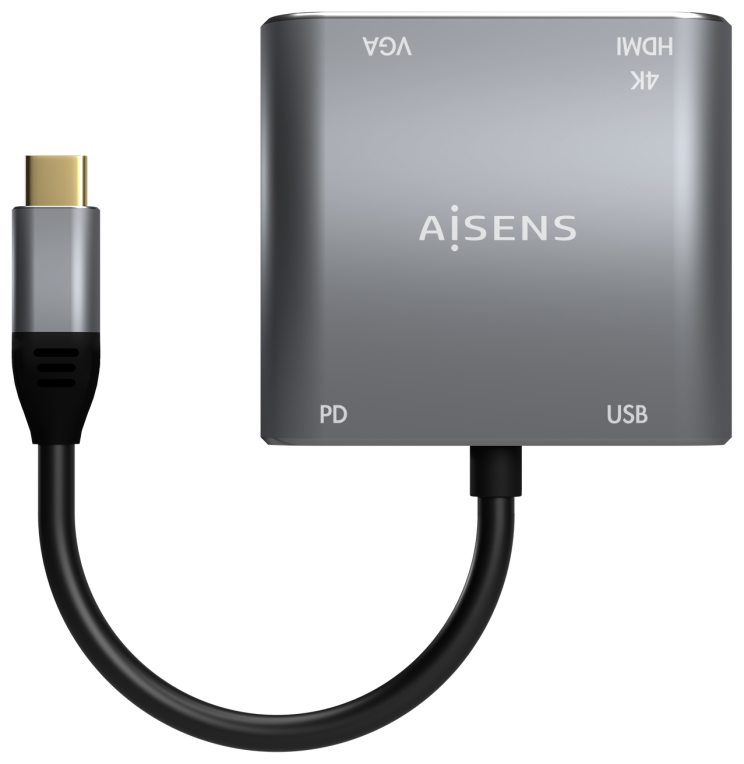 AISENS Conversor USB-C a VGA/HDMI 4K/USB3.0/USB-C PD, USB-C/M-VGA/H-HDMI/H-USB-A/H-USB-C/H, Gris, 15CM