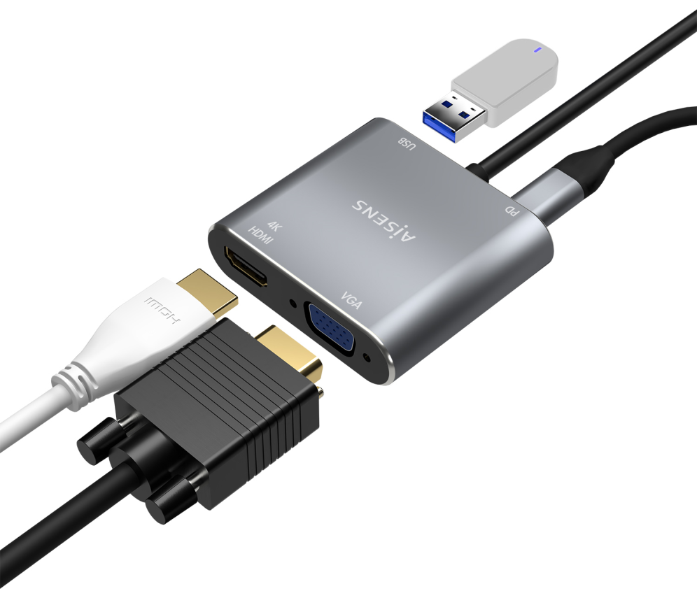 AISENS Conversor USB-C a VGA/HDMI 4K/USB3.0/USB-C PD, USB-C/M-VGA/H-HDMI/H-USB-A/H-USB-C/H, Gris, 15CM