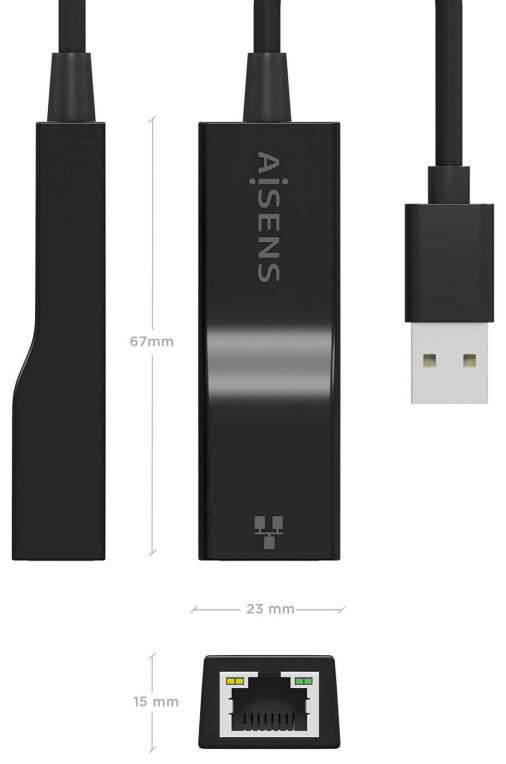 AISENS Conversor USB 3.0 a Ethernet Gigabit 10/100/1000 Mbps, Negro, 15 cm
