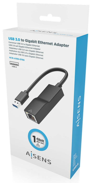 AISENS Conversor USB 3.0 a Ethernet Gigabit 10/100/1000 Mbps, Negro, 15 cm
