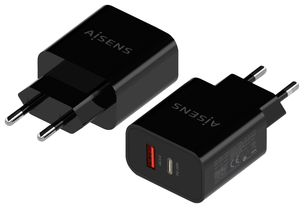 AISENS Cargador 20W, 1xUSB-C PD3.0, 1xUSB-A QC3.0, Negro