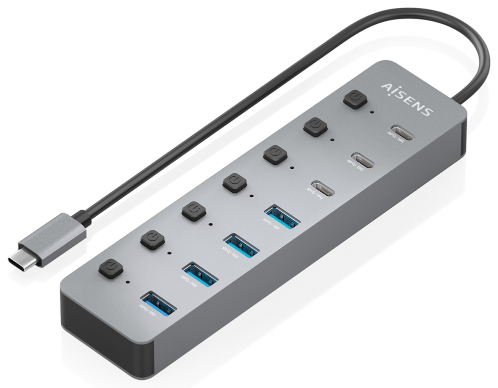 AISENS Hub USB3.2 Gen2 10G USB-C, USB-C/M-4xUSB-A/H+3xUSB-C/H+1xUSB-C/H PD3.0 100W, Gris, 30cm