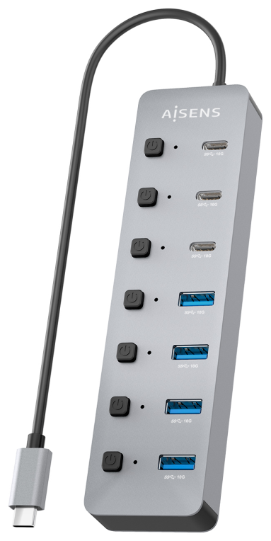 AISENS Hub USB3.2 Gen2 10G USB-C, USB-C/M-4xUSB-A/H+3xUSB-C/H+1xUSB-C/H PD3.0 100W, Gris, 30cm