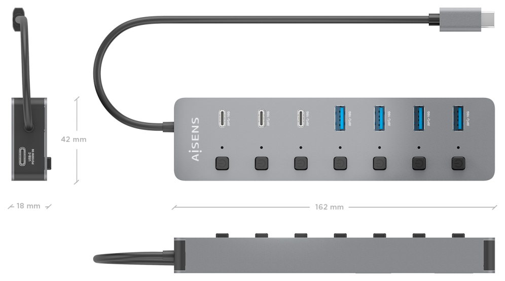 AISENS Hub USB3.2 Gen2 10G USB-C, USB-C/M-4xUSB-A/H+3xUSB-C/H+1xUSB-C/H PD3.0 100W, Gris, 30cm