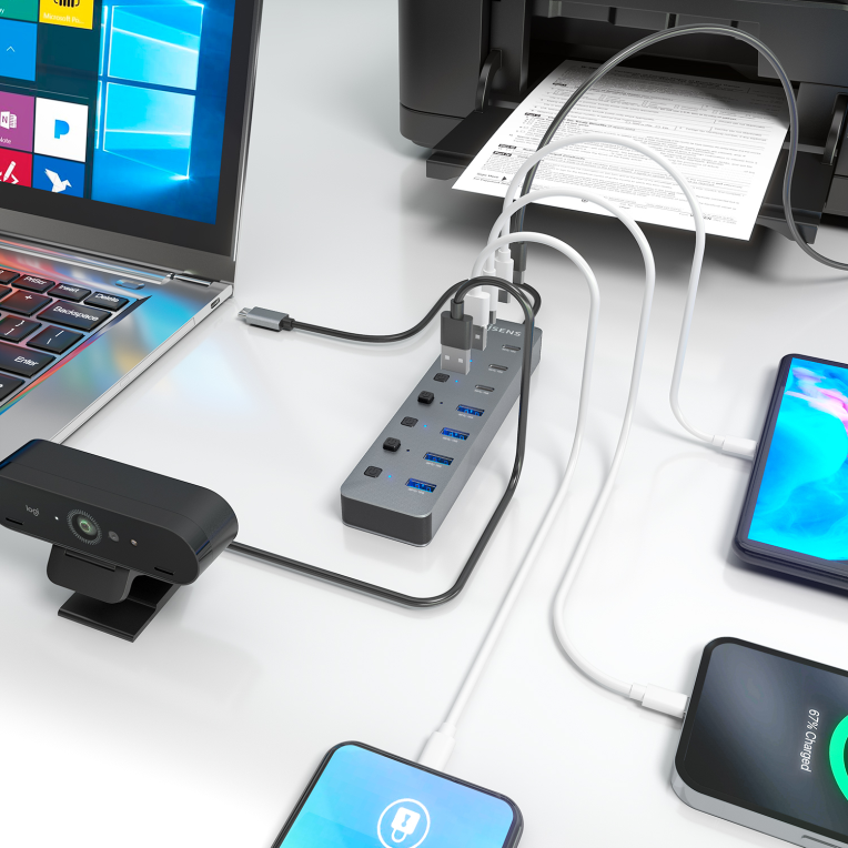 AISENS Hub USB3.2 Gen2 10G USB-C, USB-C/M-4xUSB-A/H+3xUSB-C/H+1xUSB-C/H PD3.0 100W, Gris, 30cm