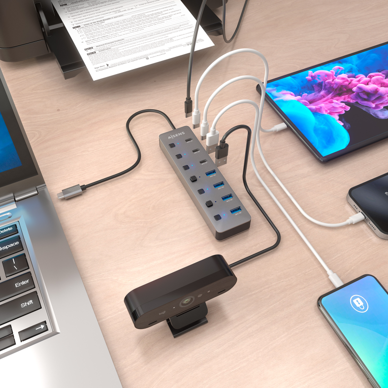 AISENS Hub USB3.2 Gen2 10G USB-C, USB-C/M-4xUSB-A/H+3xUSB-C/H+1xUSB-C/H PD3.0 100W, Gris, 30cm