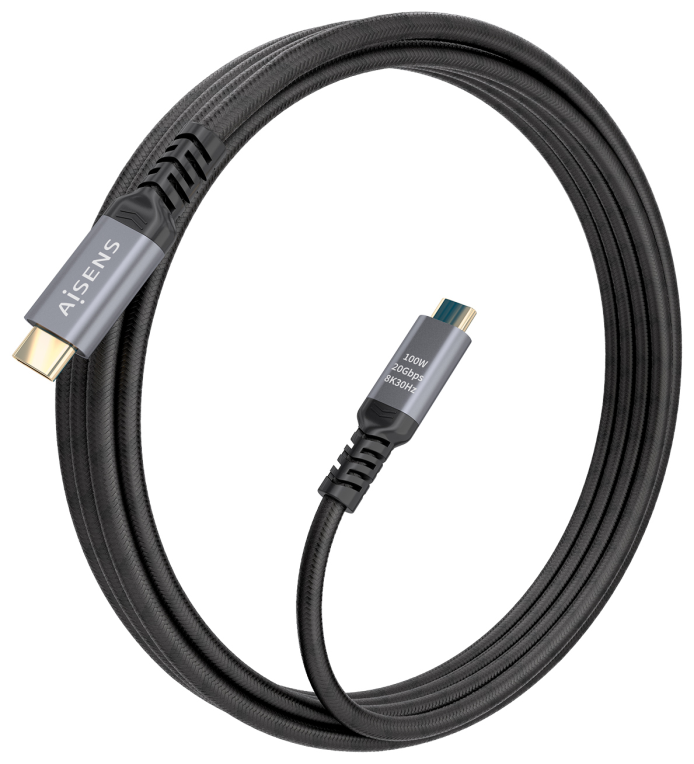 AISENS Cable USB 3.2 Gen2x2 Aluminio 20Gbps 8K@30Hz 5A 100W E-Mark, Tipo USB-C/M-USB-C/M, Negro, 3.0m