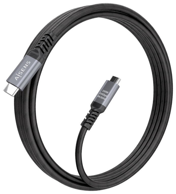 AISENS Cable USB 3.2 Gen2 Aluminio 10Gbps 8K@30Hz 5A 100W E-Mark, Tipo USB-C/M-USB-C/M, Negro, 4.0m