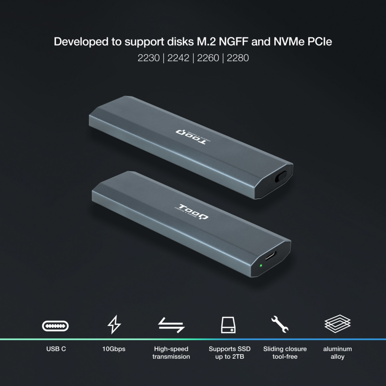 TooQ Shura Caja externa para unidad de estado sólido (SSD) Gris M.2