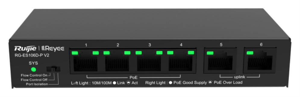 Ruijie Networks RG-ES106D-P V2 switch No administrado Fast Ethernet (10/100) Energía sobre Ethernet (PoE) Negro