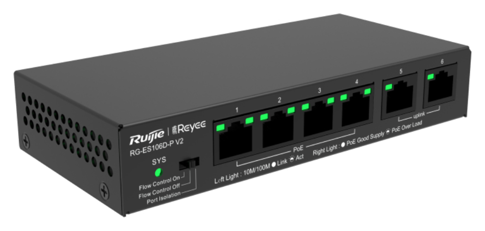 Ruijie Networks RG-ES106D-P V2 switch No administrado Fast Ethernet (10/100) Energía sobre Ethernet (PoE) Negro