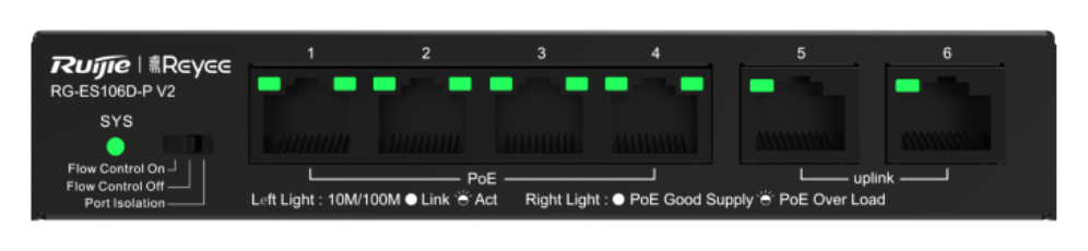 Ruijie Networks RG-ES106D-P V2 switch No administrado Fast Ethernet (10/100) Energía sobre Ethernet (PoE) Negro