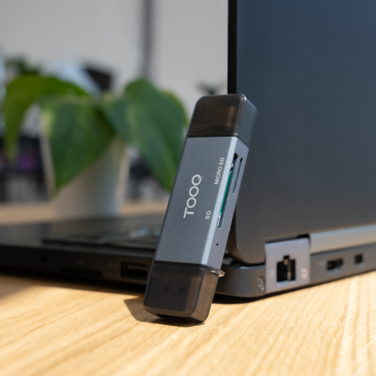 TooQ Lector de Tarjetas SD + TF, con entradas USB-C 3.0 + USB A, Color Gris