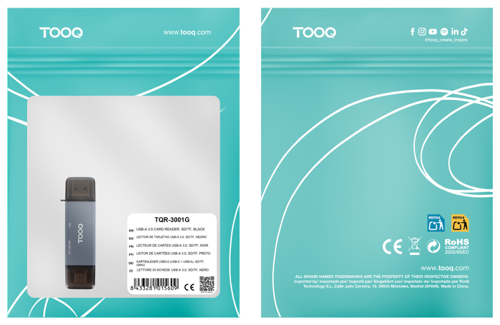 TooQ Lector de Tarjetas SD + TF, con entradas USB-C 3.0 + USB A, Color Gris