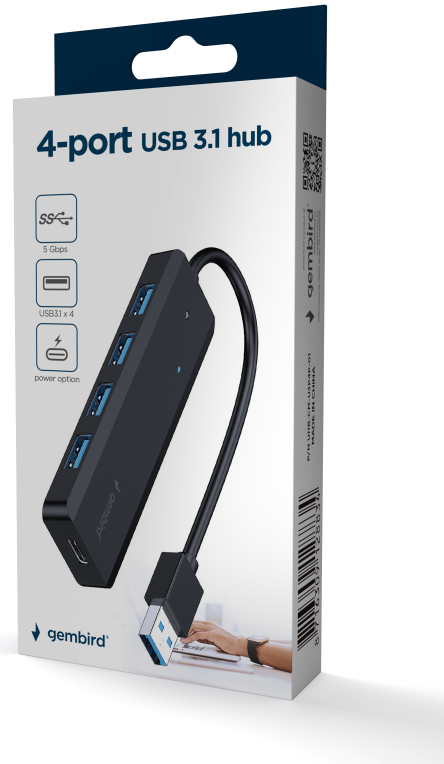 Gembird UHB-U3P4P-02 hub de interfaz USB 3.2 Gen 1 (3.1 Gen 1) Type-A 5000 Mbit/s Negro