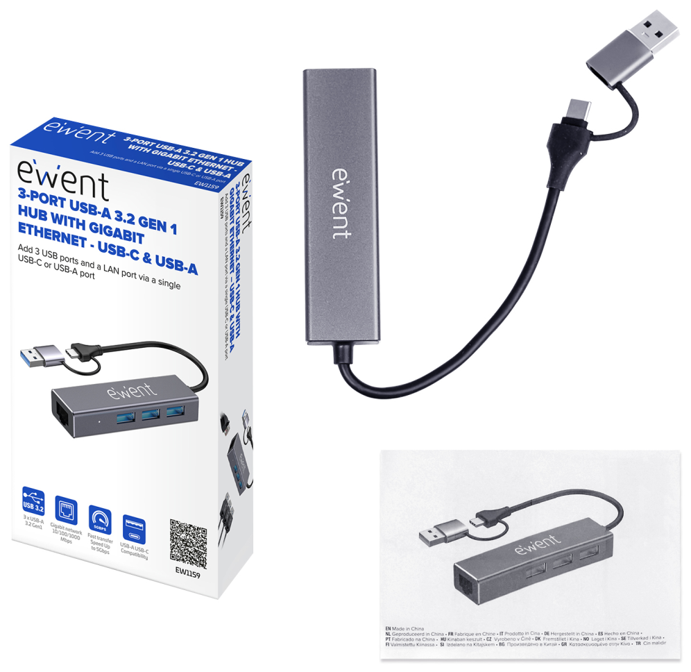 Ewent EW1159 hub de interfaz USB 3.2 Gen 1 (3.1 Gen 1) Type-A + Type-C 5000 Mbit/s Gris