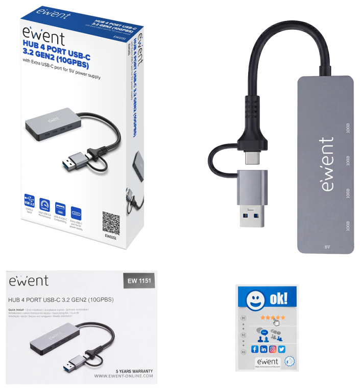 Ewent EW1151 hub de interfaz USB Tipo C 10000 Mbit/s Gris