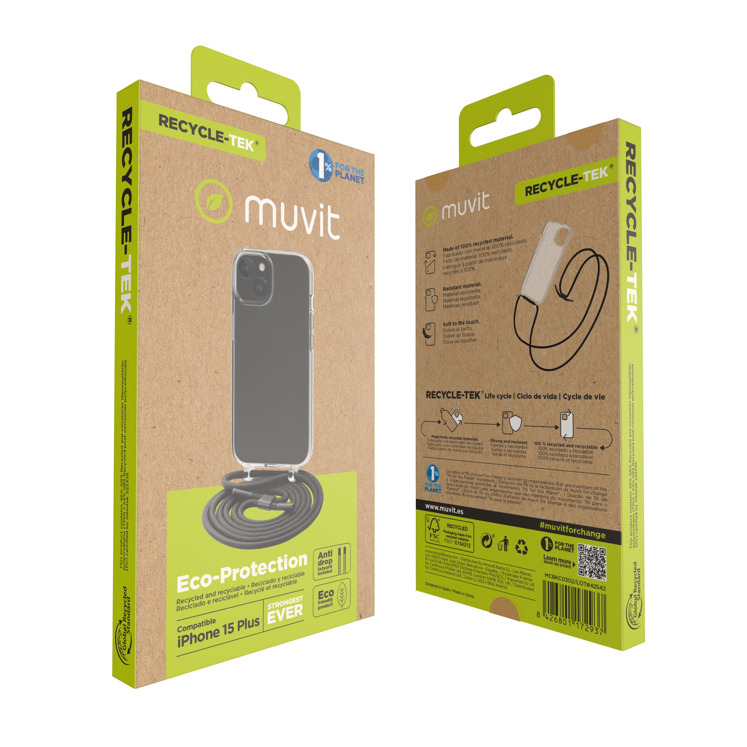 FUNDA MUVIT RECYCLETEK PARA APPLE IPHONE 15 PLUS TRANSPARENTE + COLGANTE NEGRO