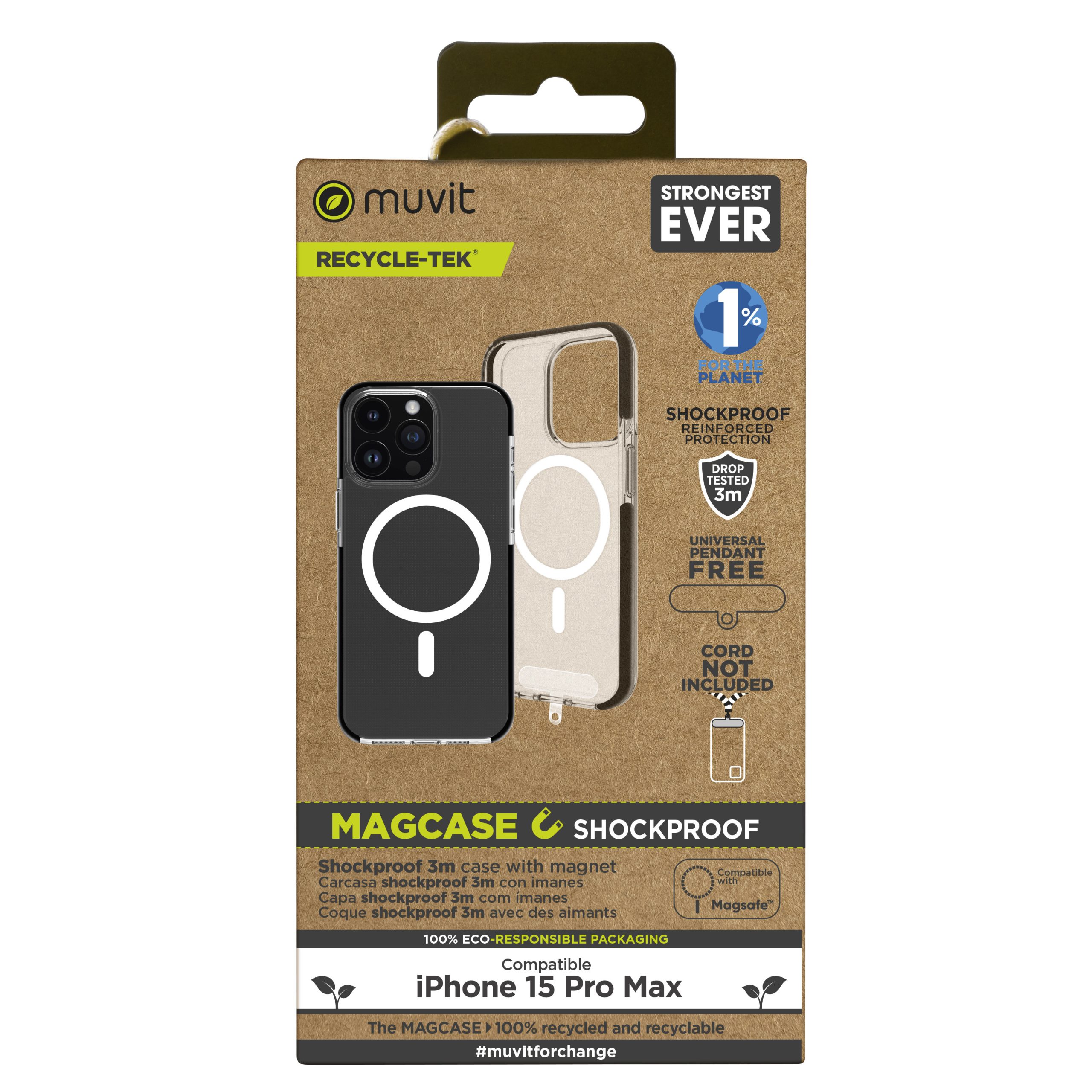 FUNDA MUVIT RECYCLETEK MAGSAFE SHOCKPROOF 3M PARA APPLE IPHONE 15 PRO MAX TRANSPARENTE/NEGRA