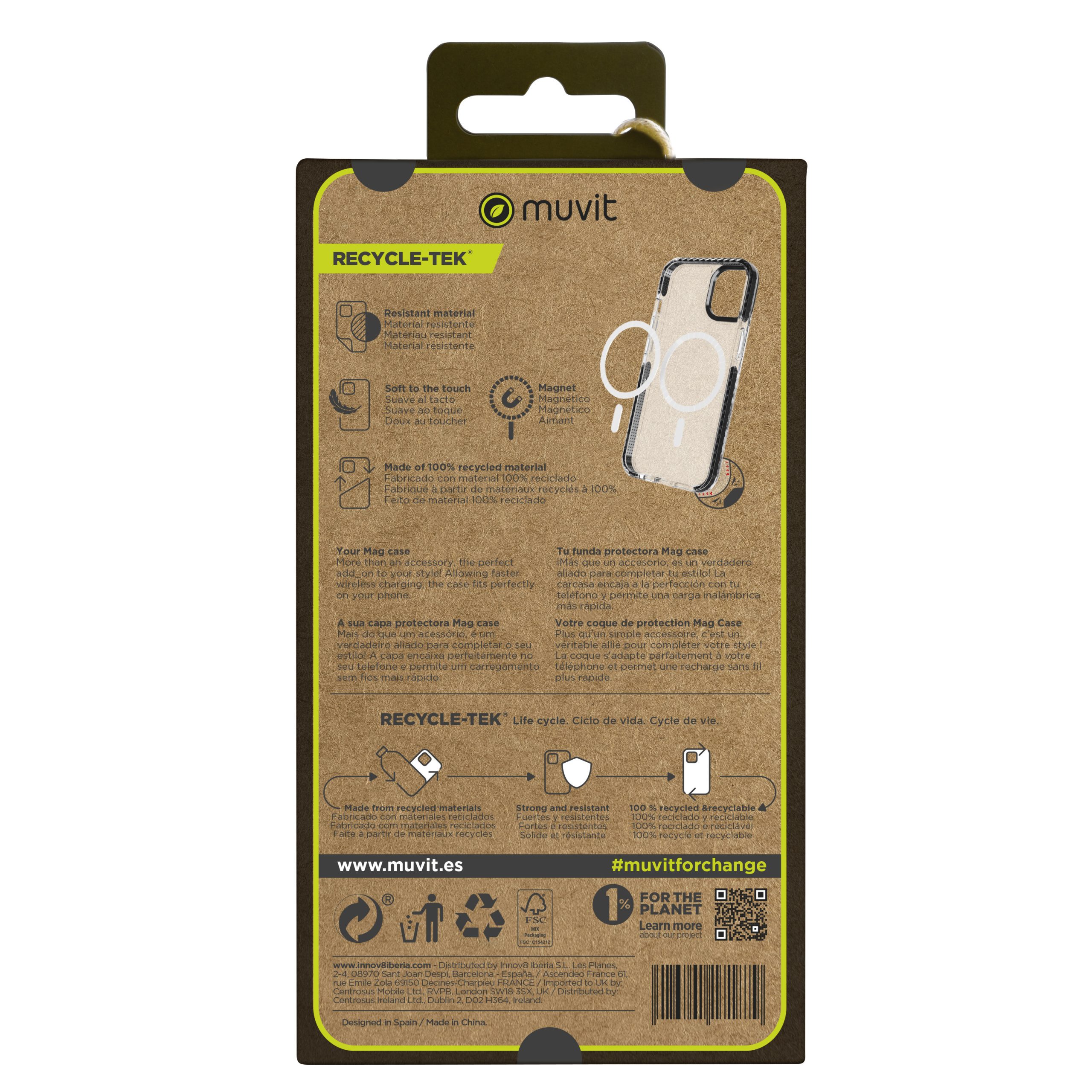 FUNDA MUVIT RECYCLETEK MAGSAFE SHOCKPROOF 3M PARA APPLE IPHONE 15 PRO MAX TRANSPARENTE/NEGRA