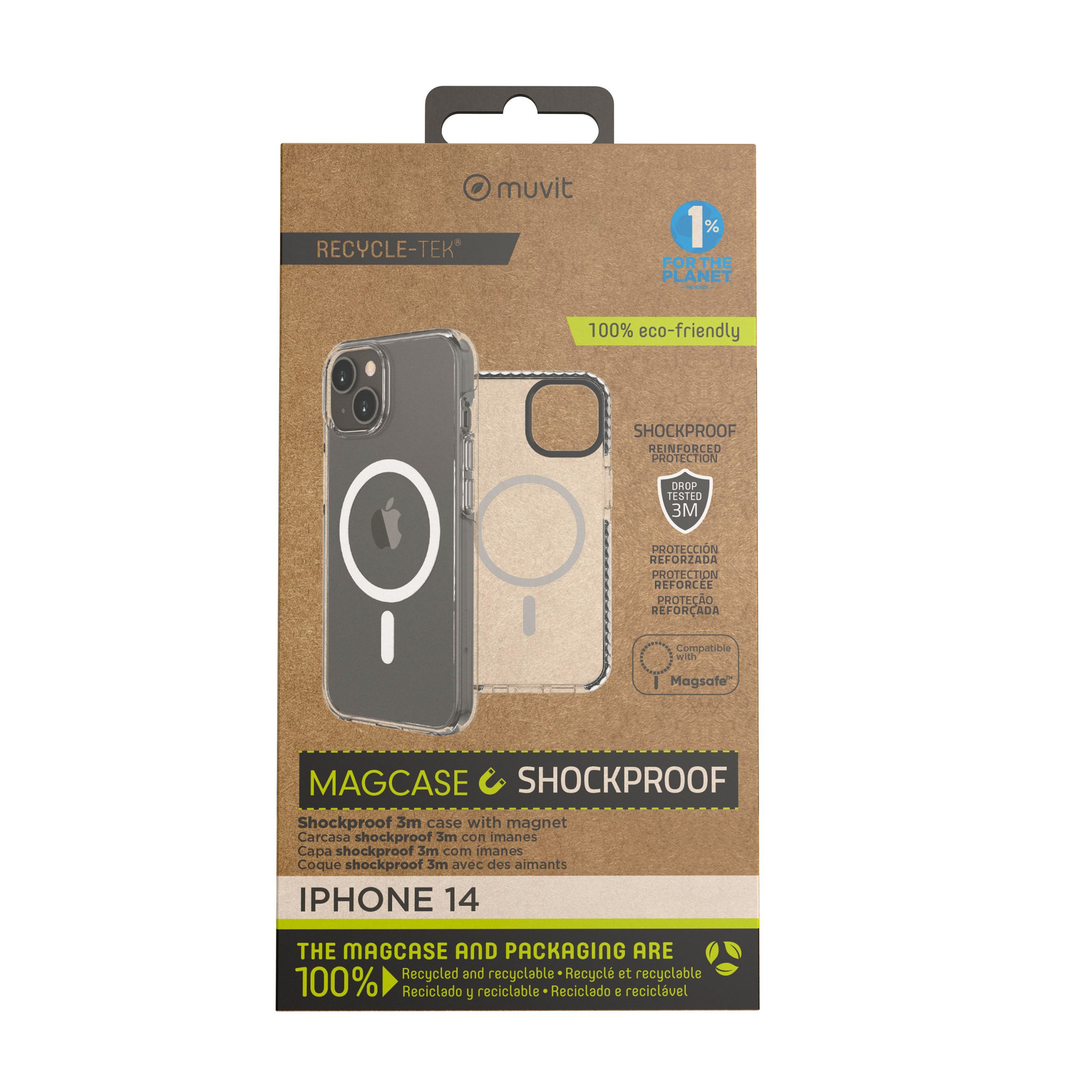 FUNDA MUVIT RECYCLETEK MAGSAFE SHOCKPROOF 3M PARA APPLE IPHONE 14 TRANSPARENTE/NEGRA