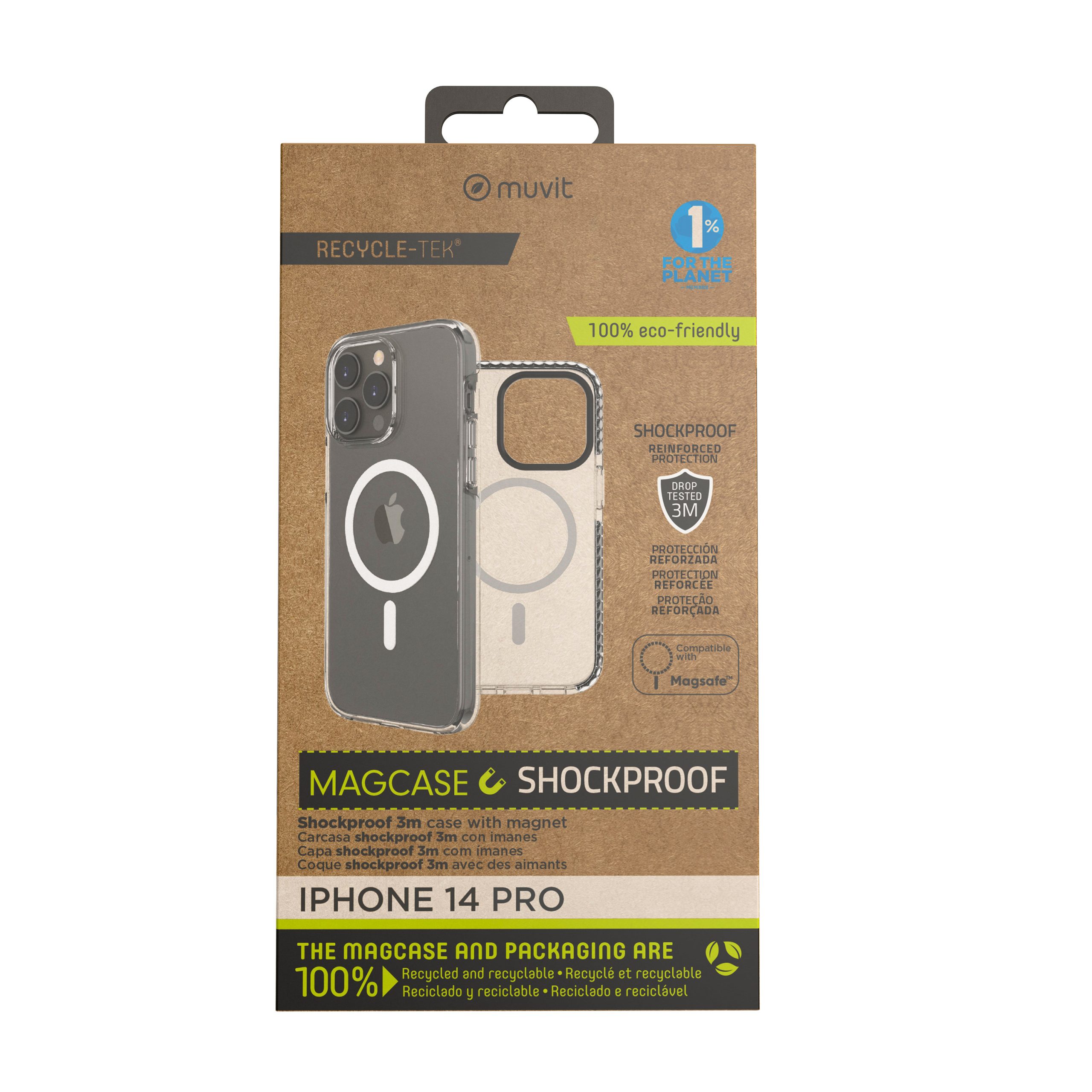 FUNDA MUVIT RECYCLETEK MAGSAFE SHOCKPROOF 3M PARA APPLE IPHONE 14 PRO TRANSPARENTE/NEGRA
