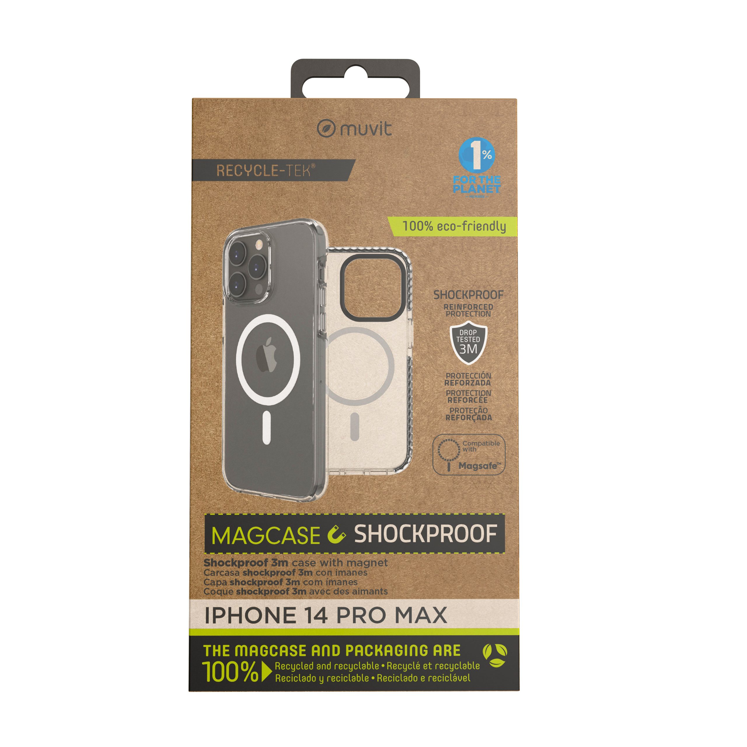 FUNDA MUVIT RECYCLETEK MAGSAFE SHOCKPROOF 3M PARA APPLE IPHONE 14 PRO MAX TRANSPARENTE/NEGRA