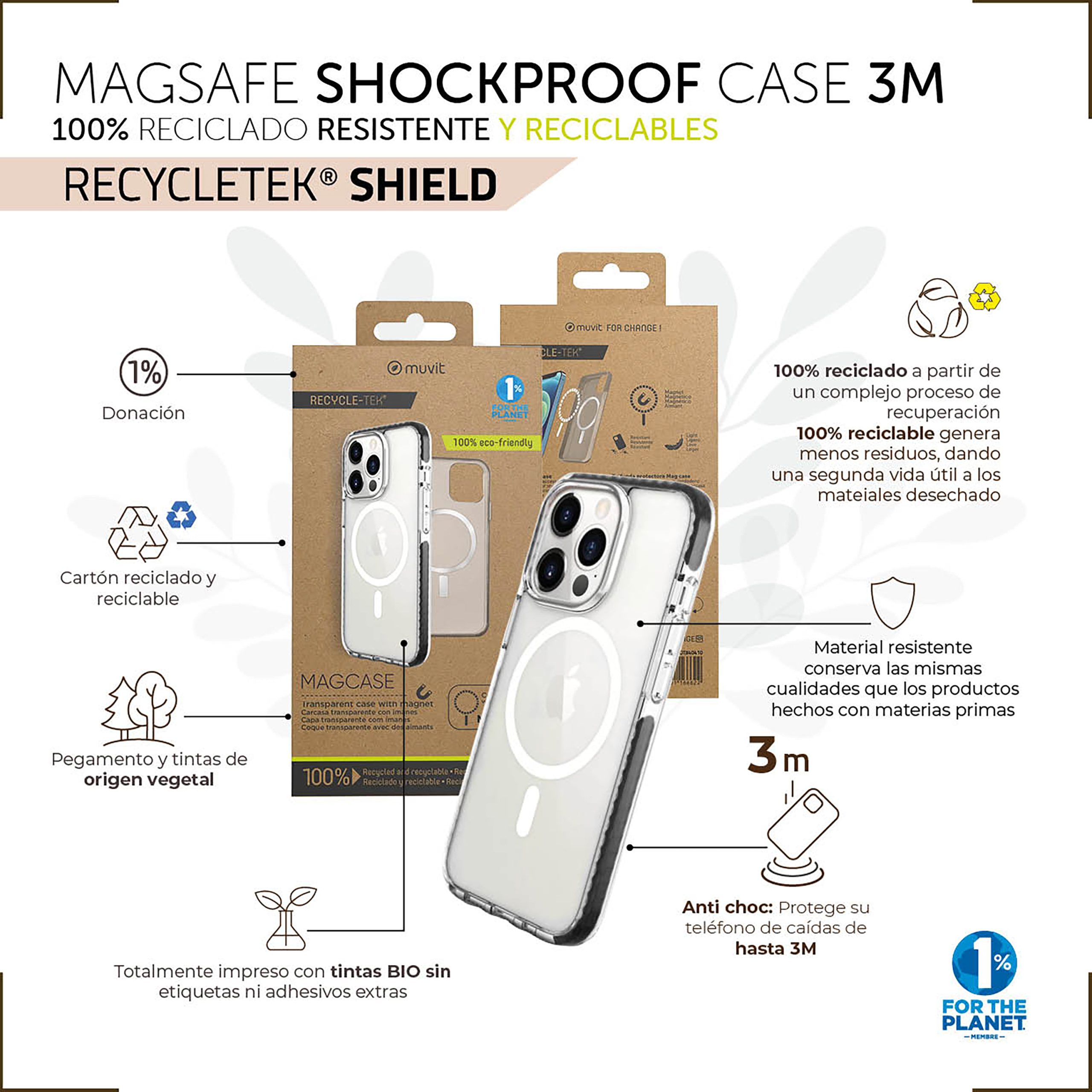 FUNDA MUVIT RECYCLETEK MAGSAFE SHOCKPROOF 3M PARA APPLE IPHONE 14 PRO MAX TRANSPARENTE/NEGRA