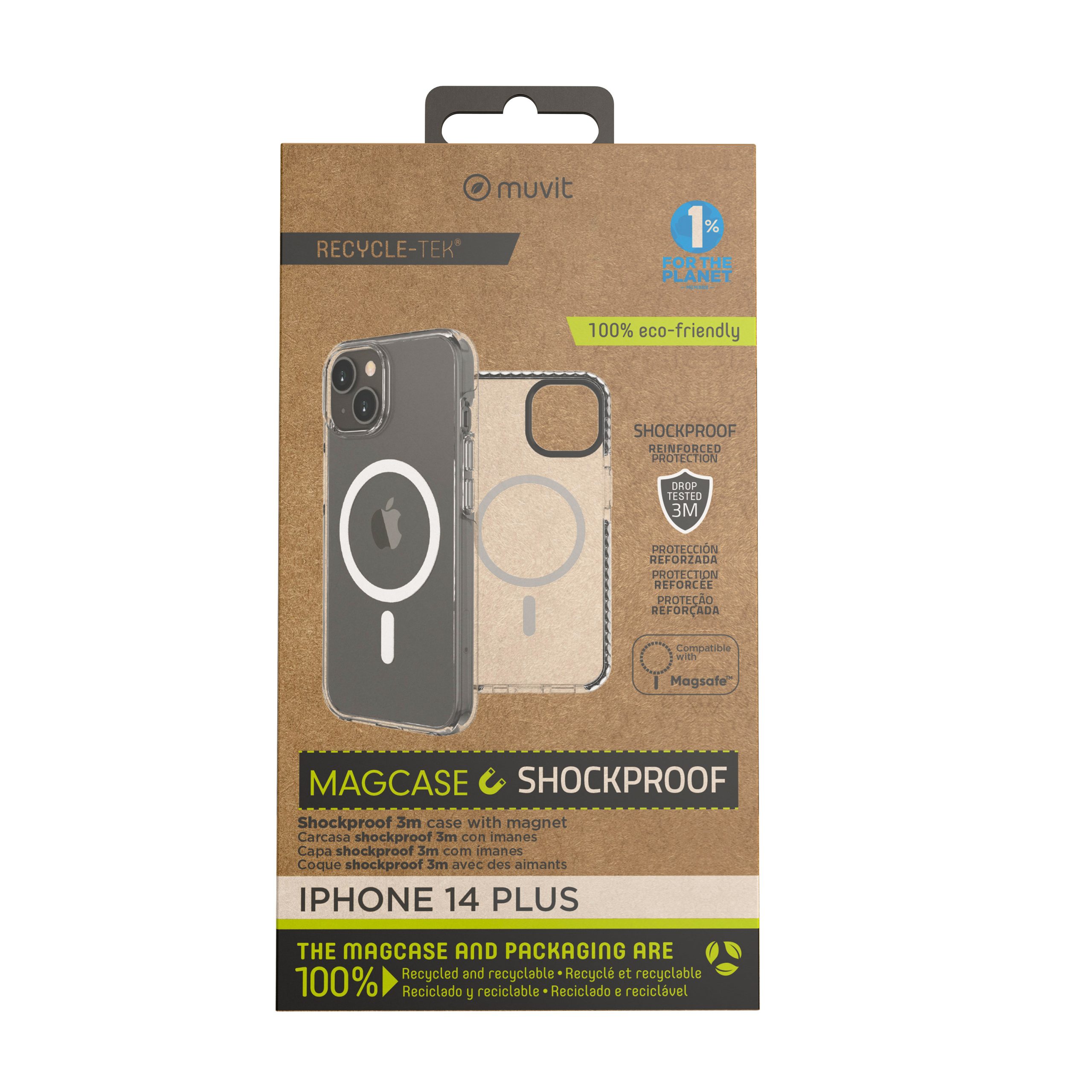 FUNDA MUVIT RECYCLETEK MAGSAFE SHOCKPROOF 3M PARA APPLE IPHONE 14 PLUS TRANSPARENTE/NEGRA