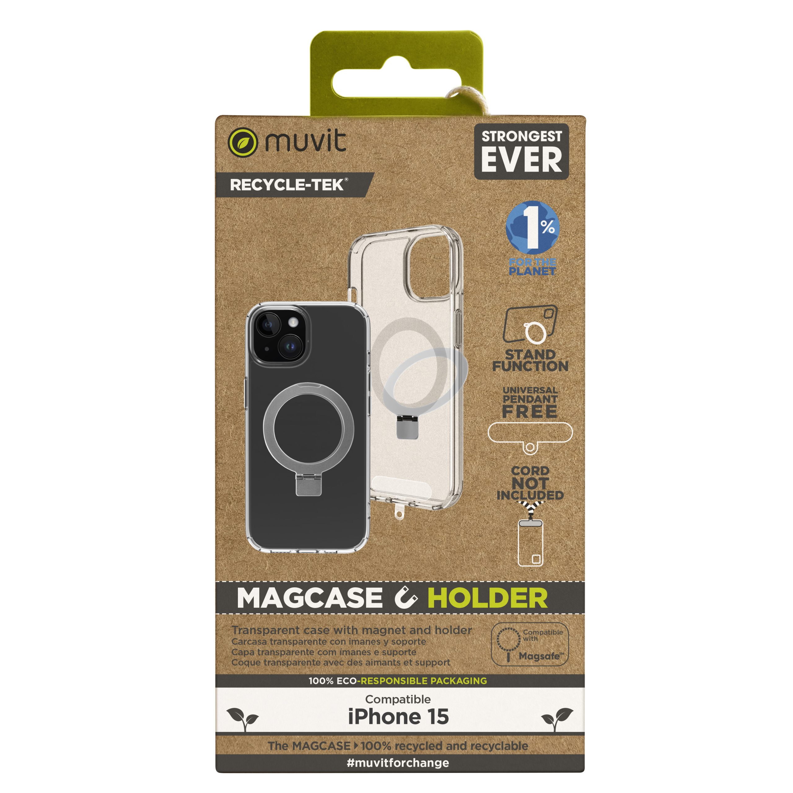 FUNDA MUVIT RECYCLETEK MAGSAFE + SOPORTE PARA IPHONE 15 TRANSPARENTE