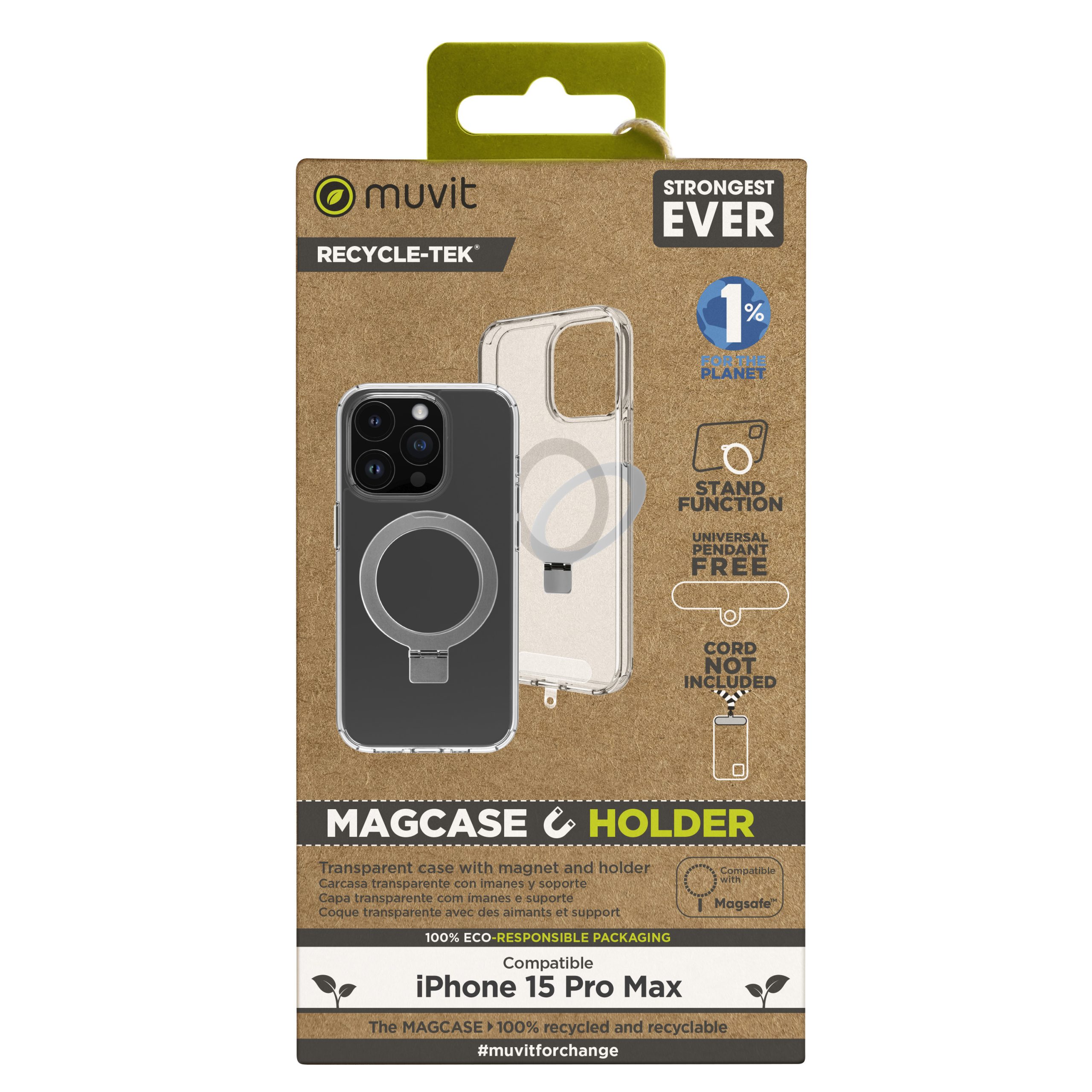 FUNDA MUVIT RECYCLETEK MAGSAFE + SOPORTE PARA IPHONE 15 PRO MAX TRANSPARENTE