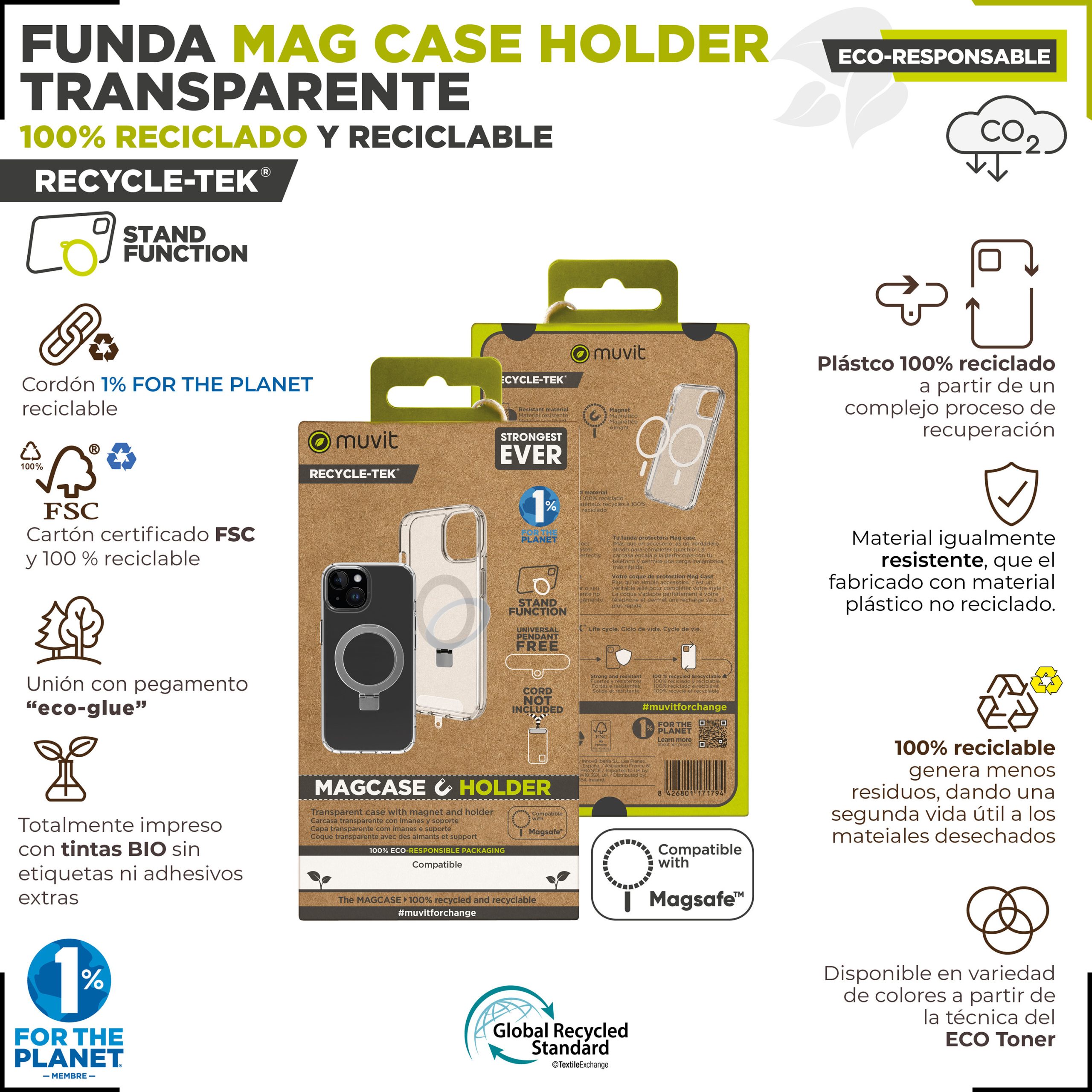 FUNDA MUVIT RECYCLETEK MAGSAFE + SOPORTE PARA IPHONE 15 PRO MAX TRANSPARENTE