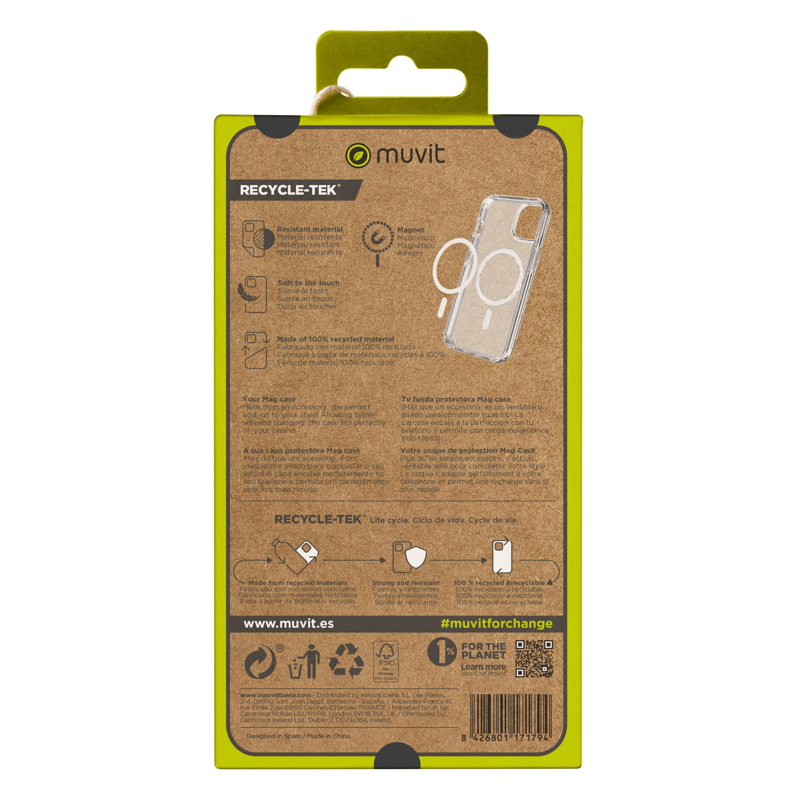 FUNDA MUVIT RECYCLETEK MAGSAFE + SOPORTE PARA IPHONE 15 PRO MAX TRANSPARENTE