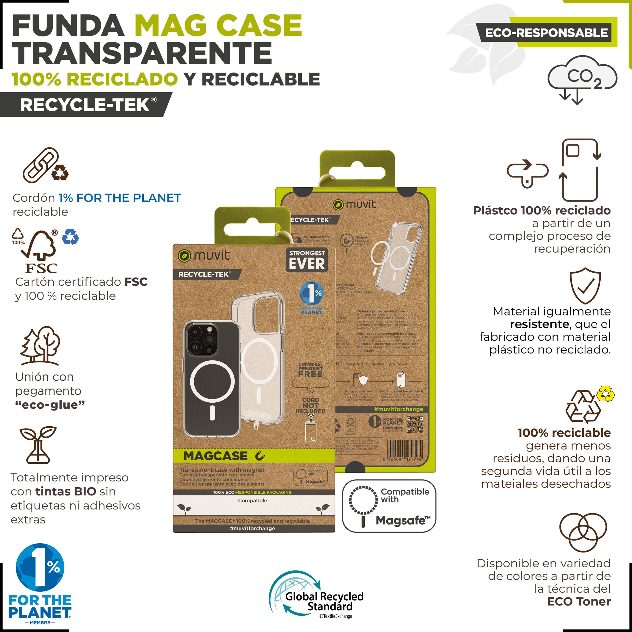 FUNDA MUVIT RECYCLETEK MAGSAFE PARA APPLE IPHONE 15 TRANSPARENTE