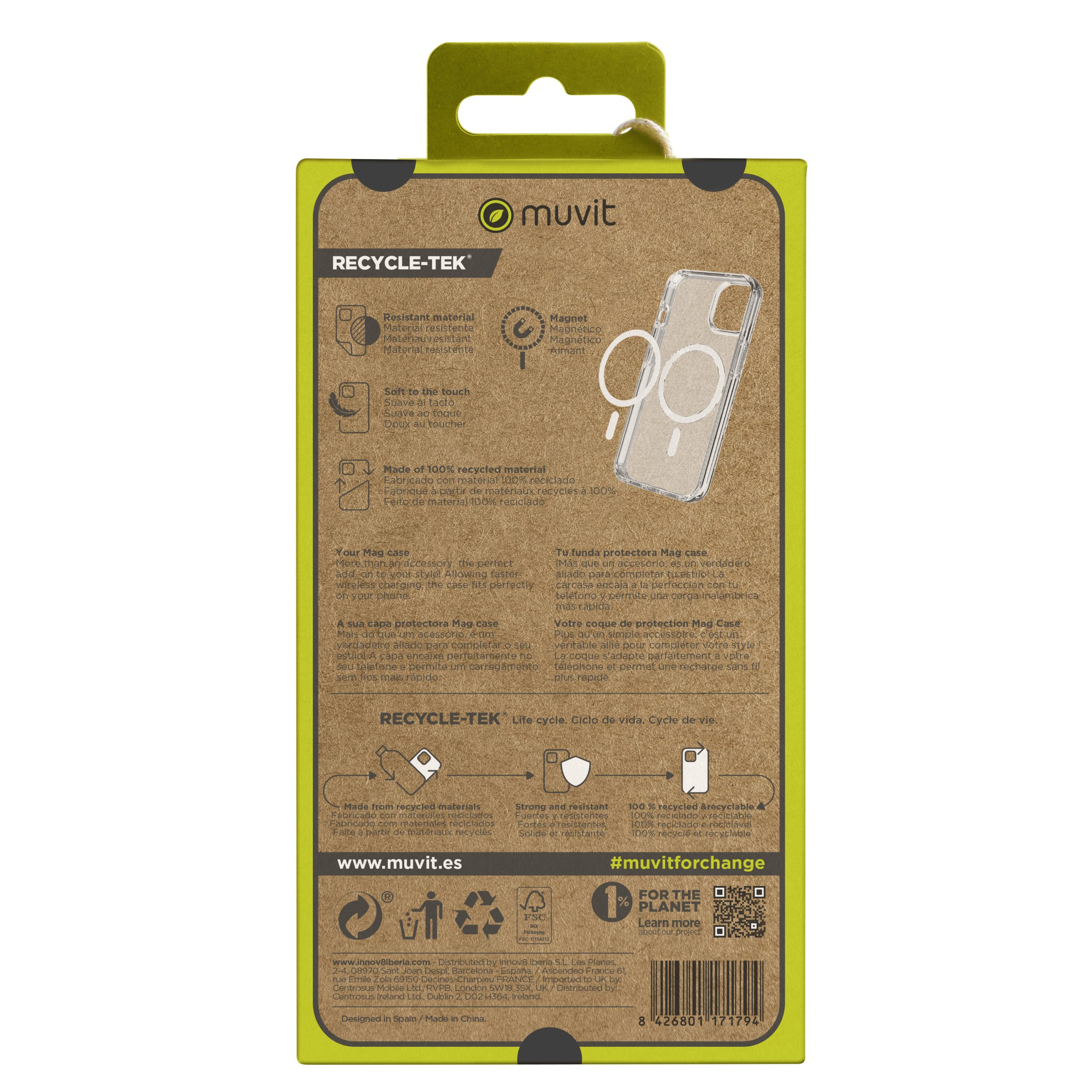 FUNDA MUVIT RECYCLETEK MAGSAFE PARA APPLE IPHONE 15 PRO TRANSPARENTE