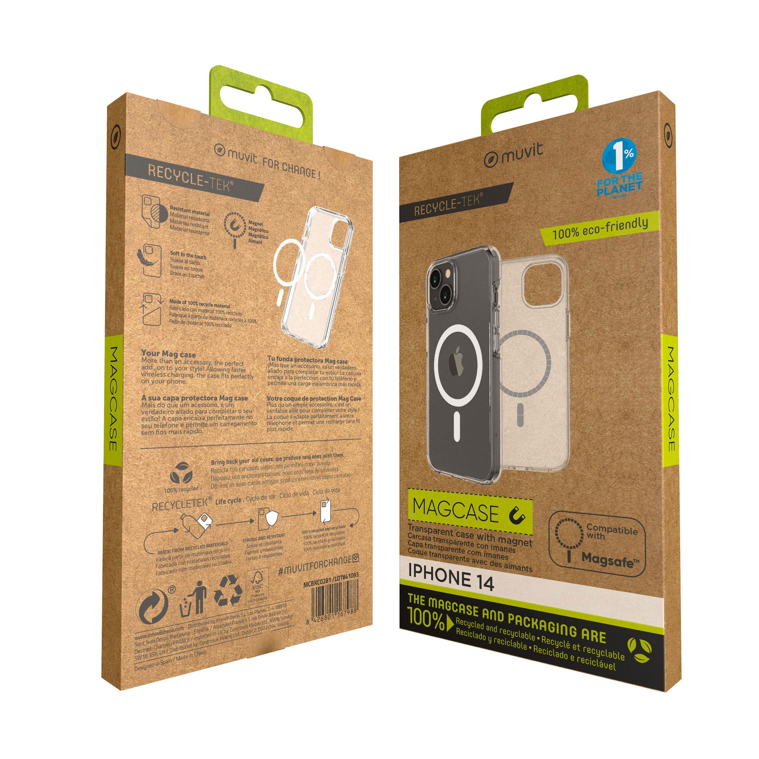 FUNDA MUVIT RECYCLETEK MAGSAFE PARA APPLE IPHONE 14 TRANSPARENTE