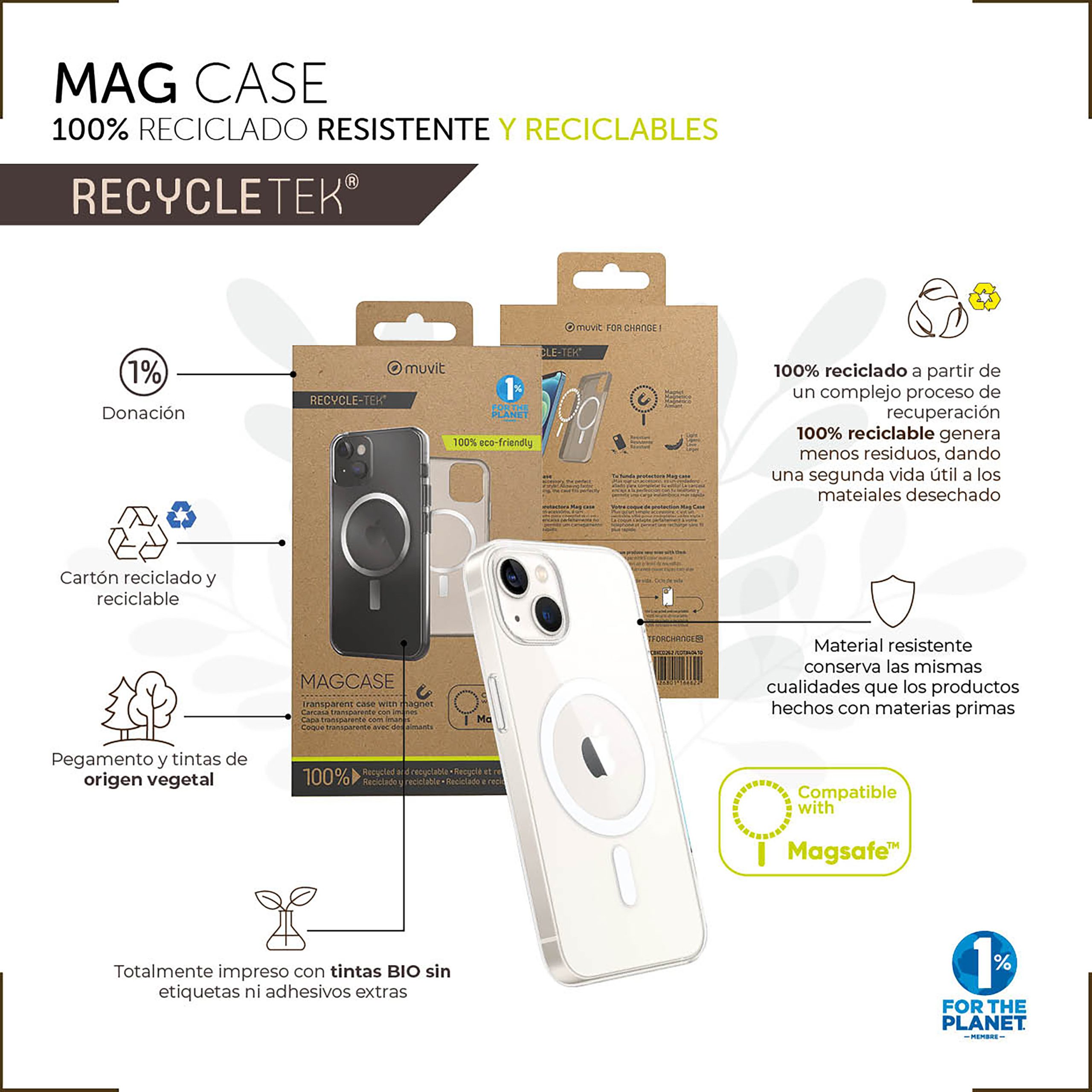 FUNDA MUVIT RECYCLETEK MAGSAFE PARA APPLE IPHONE 14 PRO MAX TRANSPARENTE