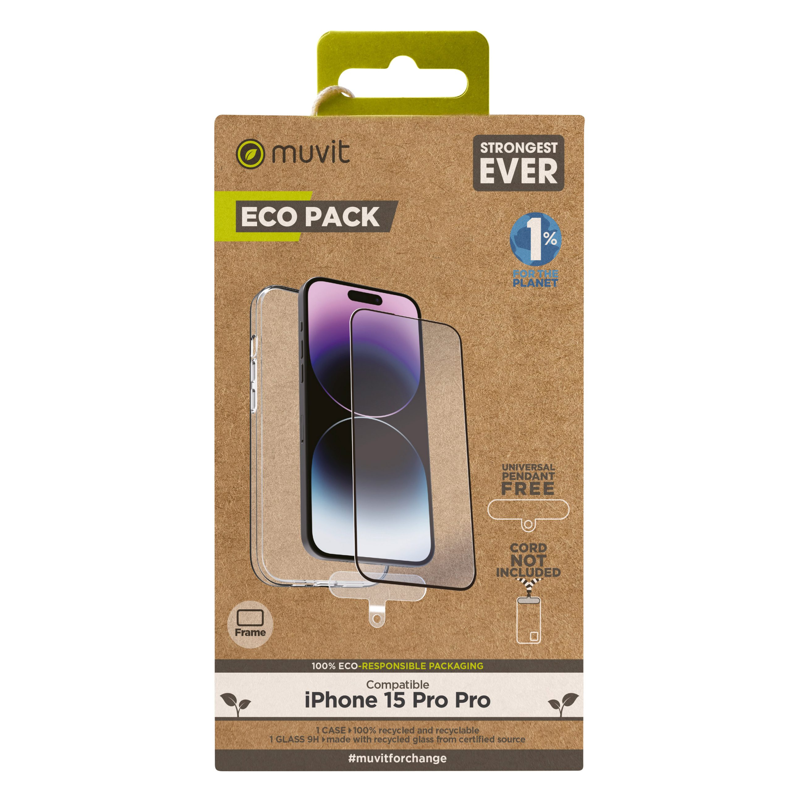FUNDA MUVIT PARA IPHONE 15 PRO MAX + PROTECTOR PANTALLA VIDRIO TEMPLADO PLANO MARCO NEGRO