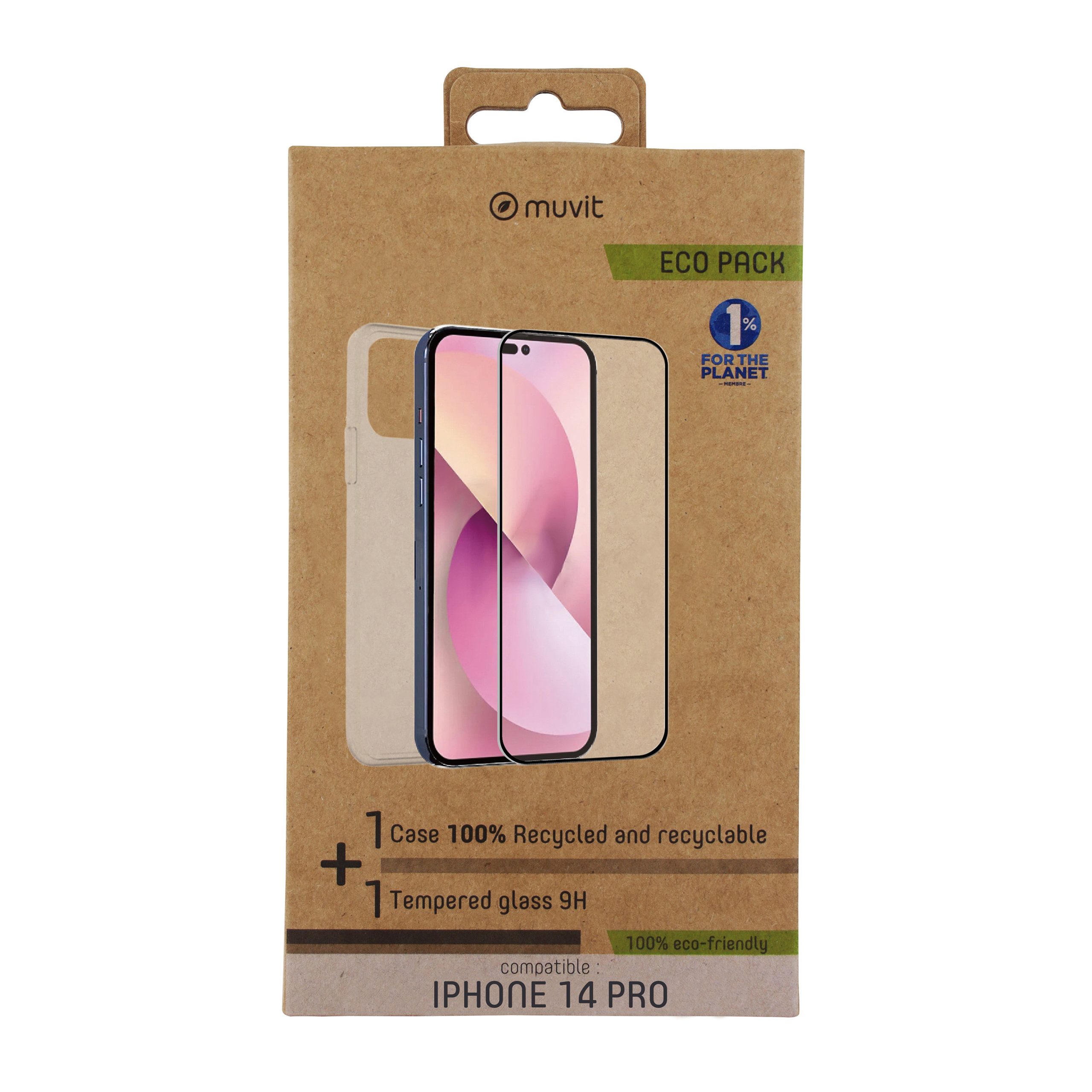 FUNDA MUVIT PARA IPHONE 14 PRO + PROTECTOR PANTALLA VIDRIO TEMPLADO PLANO MARCO NEGRO