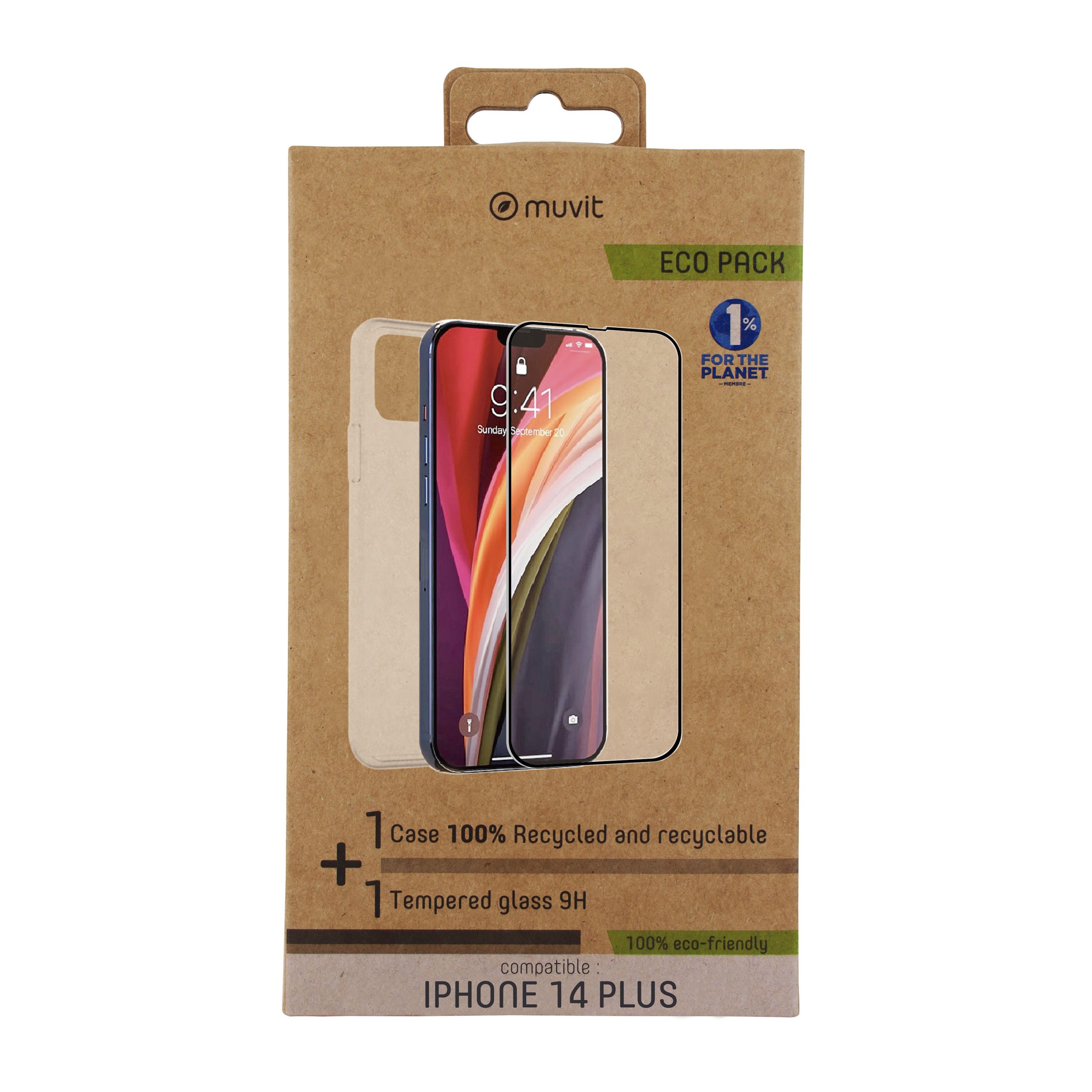 FUNDA MUVIT PARA IPHONE 14 PLUS + PROTECTOR PANTALLA VIDRIO TEMPLADO PLANO MARCO NEGRO
