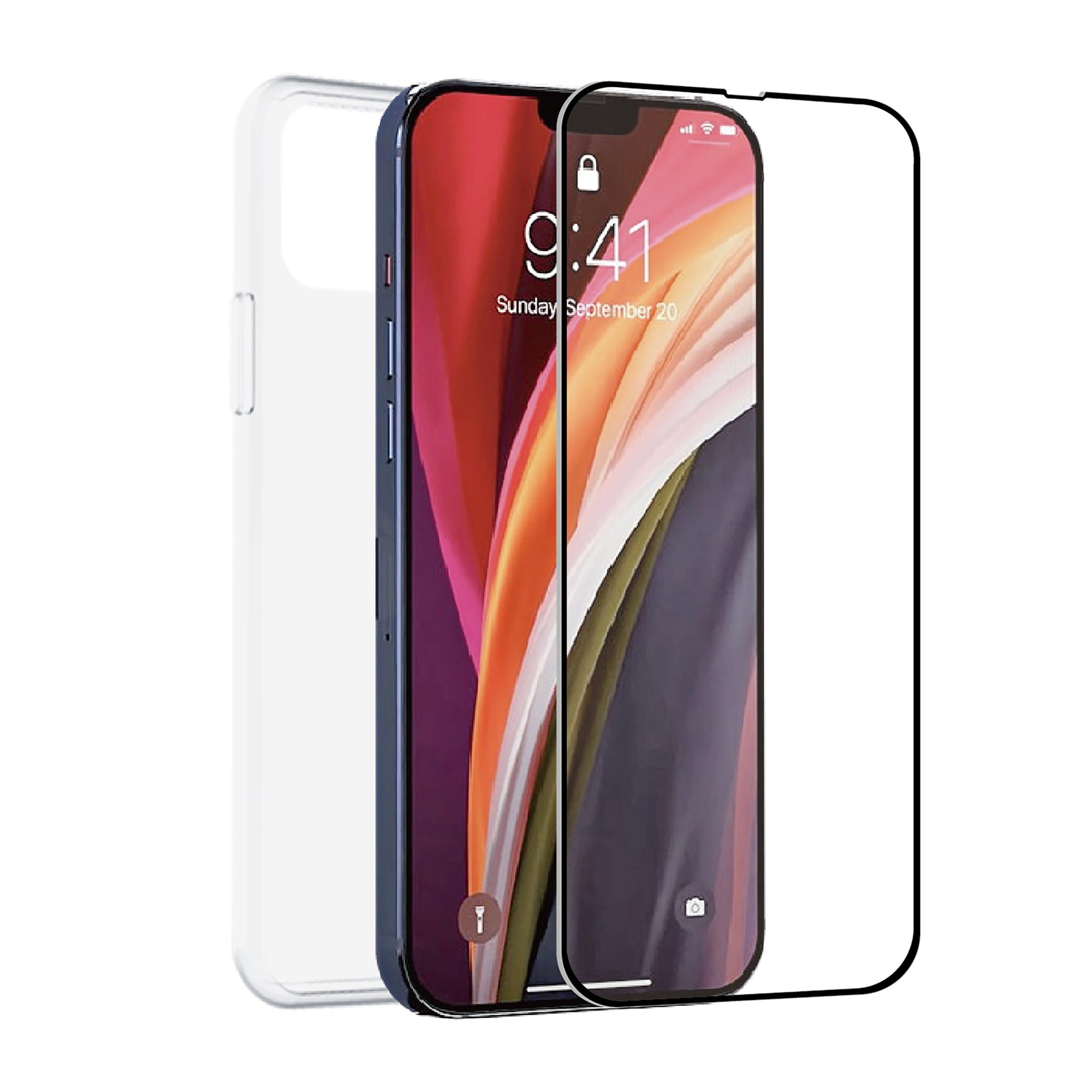 FUNDA MUVIT PARA IPHONE 14 + PROTECTOR PANTALLA VIDRIO TEMPLADO PLANO MARCO NEGRO