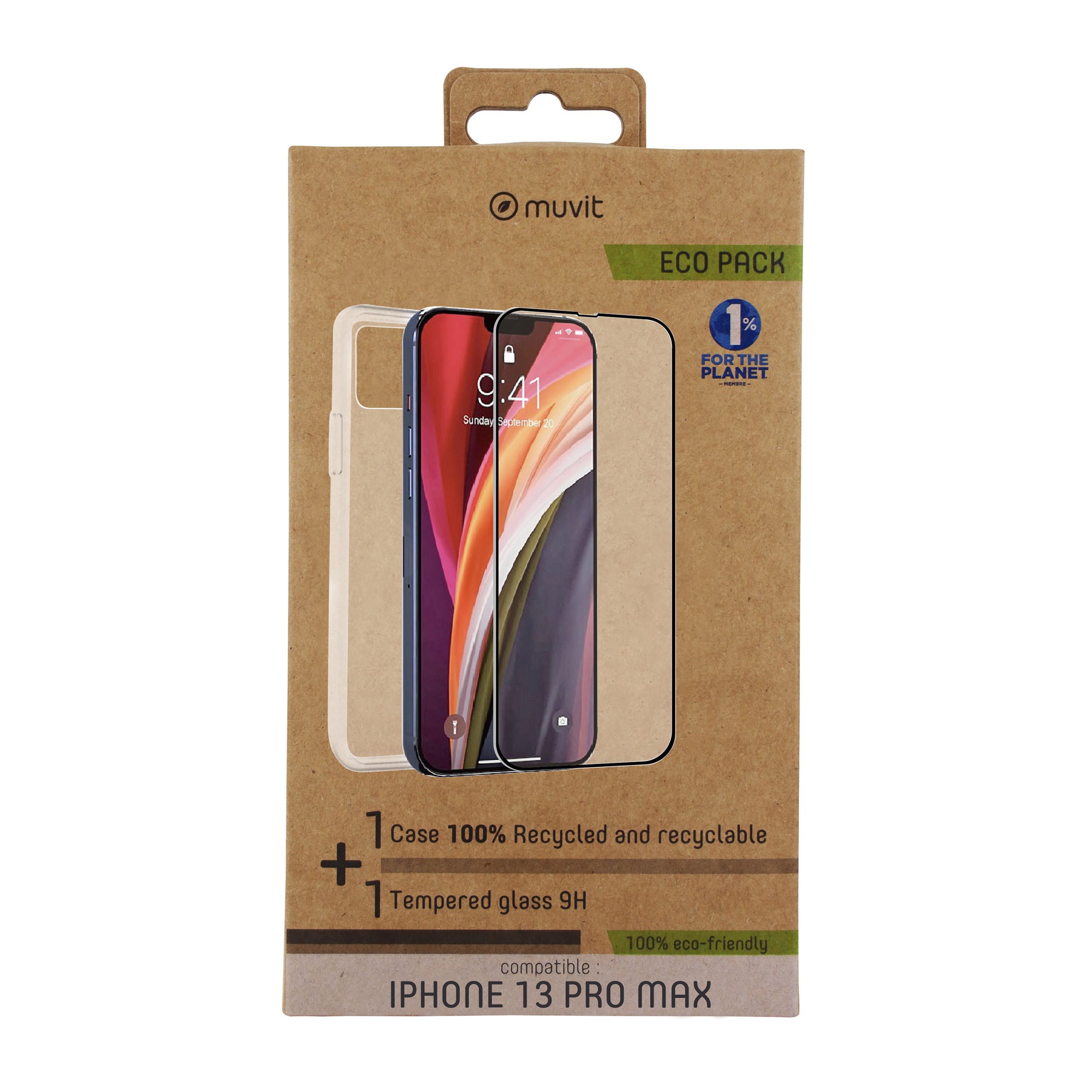 FUNDA MUVIT PARA IPHONE 13 PRO MAX + PROTECTOR PANTALLA VIDRIO TEMPLADO PLANO MARCO NEGRO