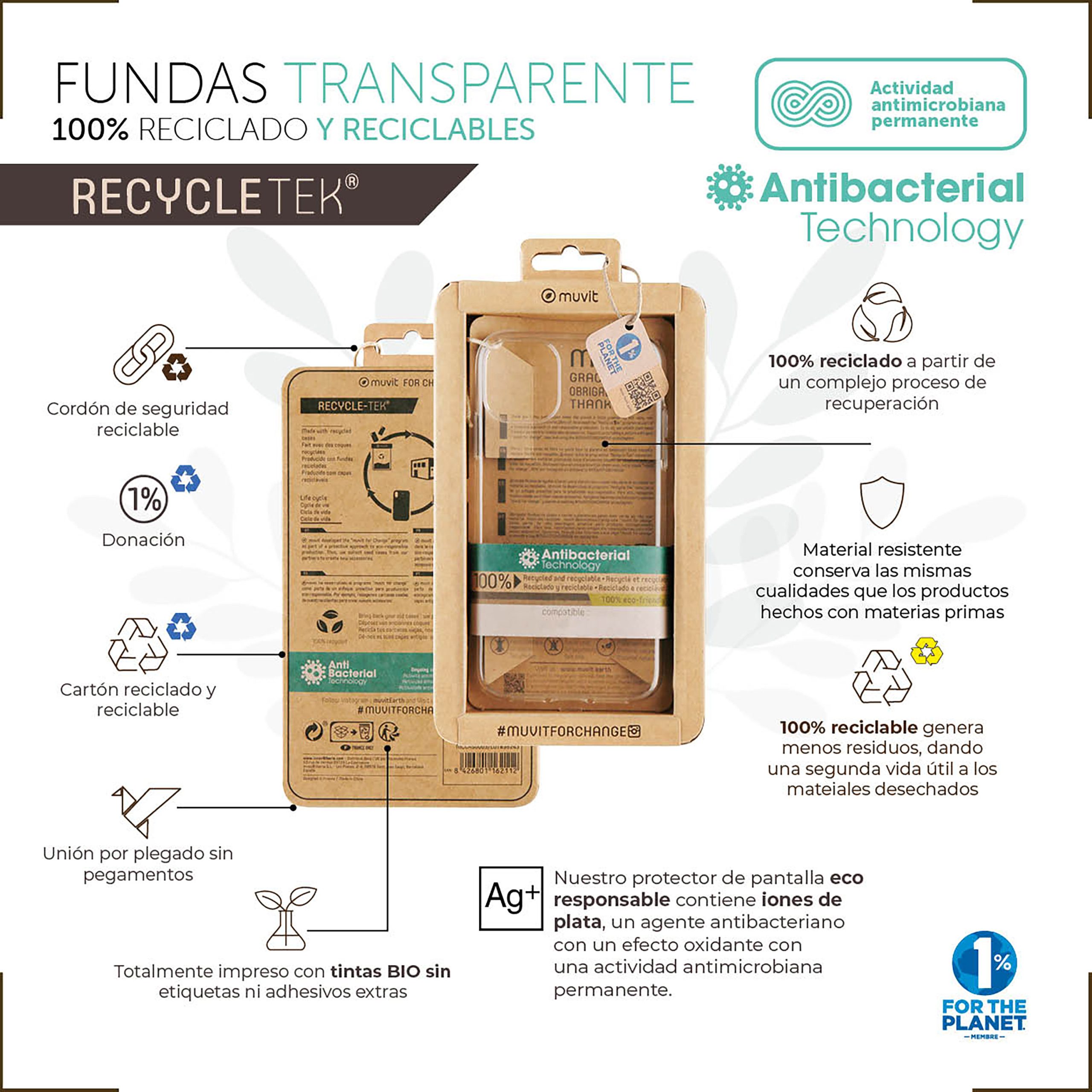 FUNDA MUVIT RECYCLETEK PARA APPLE IPHONE 14 PLUS TRANSPARENTE ANTIBACTERIAS