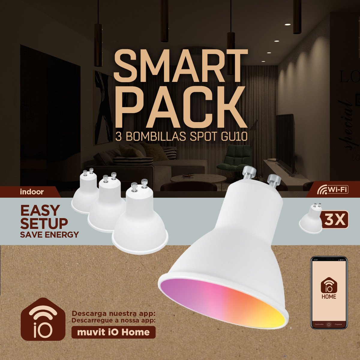 BOMBILLA MUVIT IO GU10 5.5W RGB PACK 3 UNIDADES