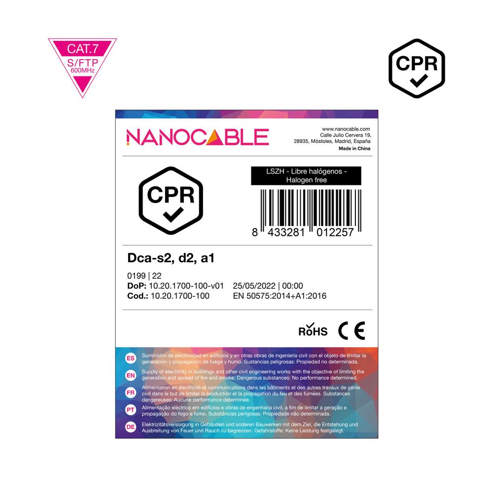BOBINA CABLE RED LSZH CAT7 RJ45 NANOCABLE 100M AWG23
