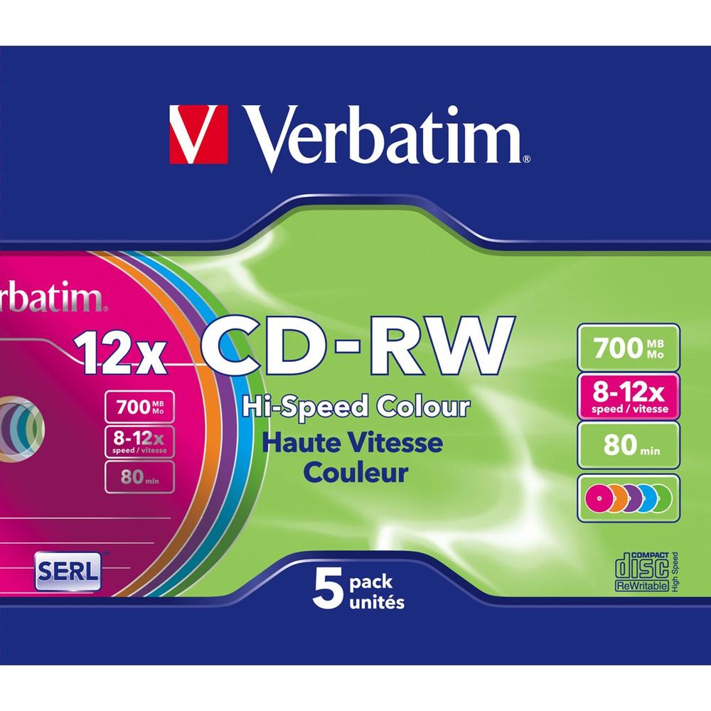 VERBATIM CD-RW 700Mb 8X-10X TARRINA 5 UNIDADES SLIM COLORES